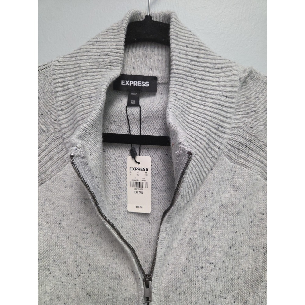 Express Men' s Full-Zip Sweater Size XXL TALL Ribbed Knit Round Neck Gray NWT - Picture 5 of 9